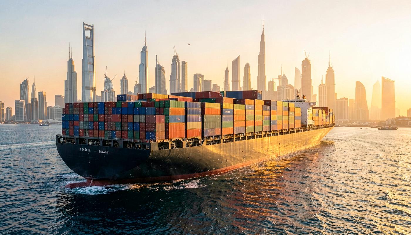 Container ship leaving Dubai